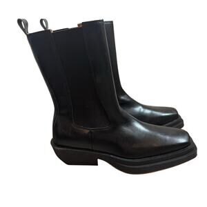 Modern Black Faux lEather block heel square toe pull on boots